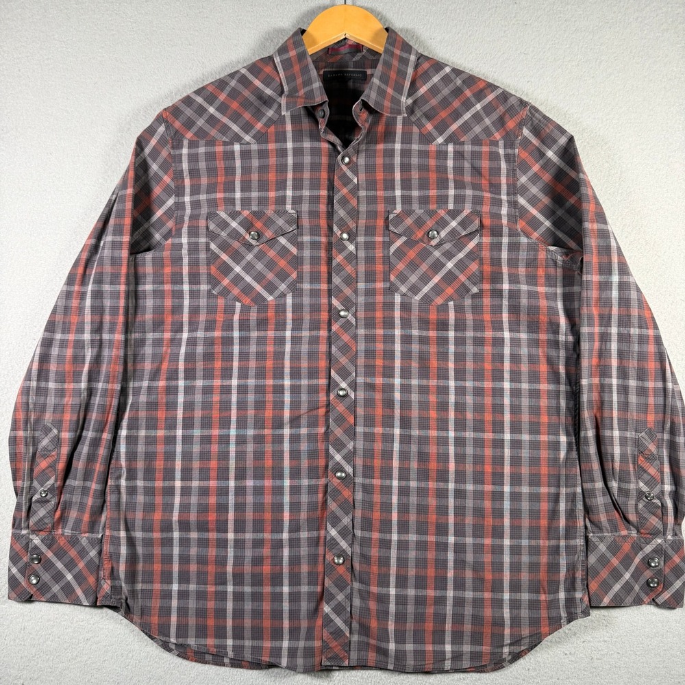 Banana Republic Mens Grey Red Plaid Western Pearl Snap Long Sleeve Shirt Stretch